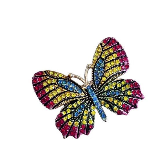 Bright Crystal Butterfly Brooch Pin Blue Yellow Red Goldtone Setting 1 7/8" - Picture 3 of 6